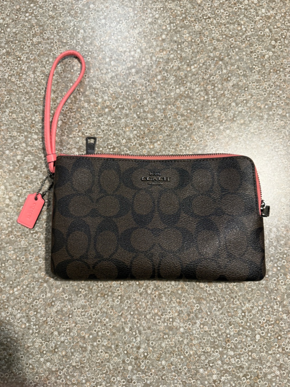 Coach Signature Canvas Wristlet in Brown with Pink Accents
